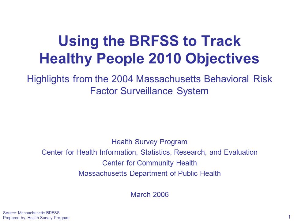 Source: Massachusetts BRFSS Prepared by: Health Survey Program Using the BRFSS to Track Healthy People 2010 Objectives Highlights from the 2004 Massachusetts Behavioral Risk Factor Surveillance System Health Survey Program Center for Health Information, Statistics, Research, and Evaluation Center for Community Health Massachusetts Department of Public Health March