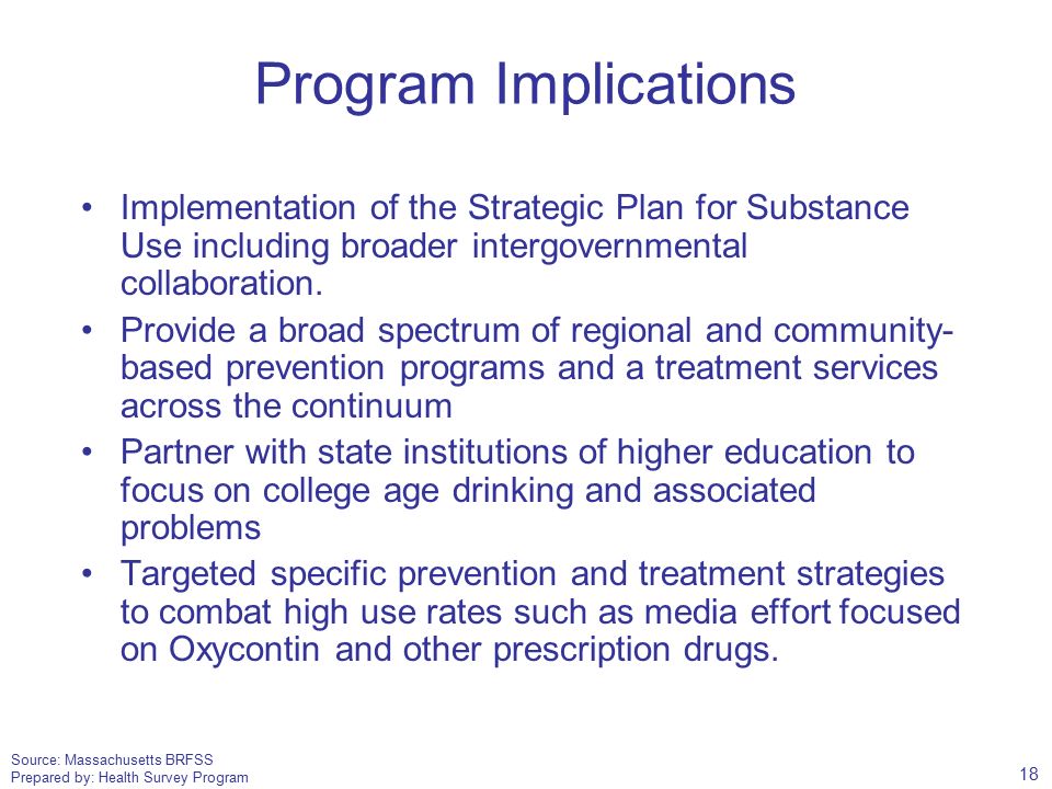 Source: Massachusetts BRFSS Prepared by: Health Survey Program Program Implications Implementation of the Strategic Plan for Substance Use including broader intergovernmental collaboration.