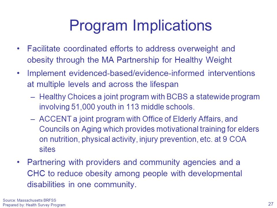 Source: Massachusetts BRFSS Prepared by: Health Survey Program Program Implications Facilitate coordinated efforts to address overweight and obesity through the MA Partnership for Healthy Weight Implement evidenced-based/evidence-informed interventions at multiple levels and across the lifespan –Healthy Choices a joint program with BCBS a statewide program involving 51,000 youth in 113 middle schools.