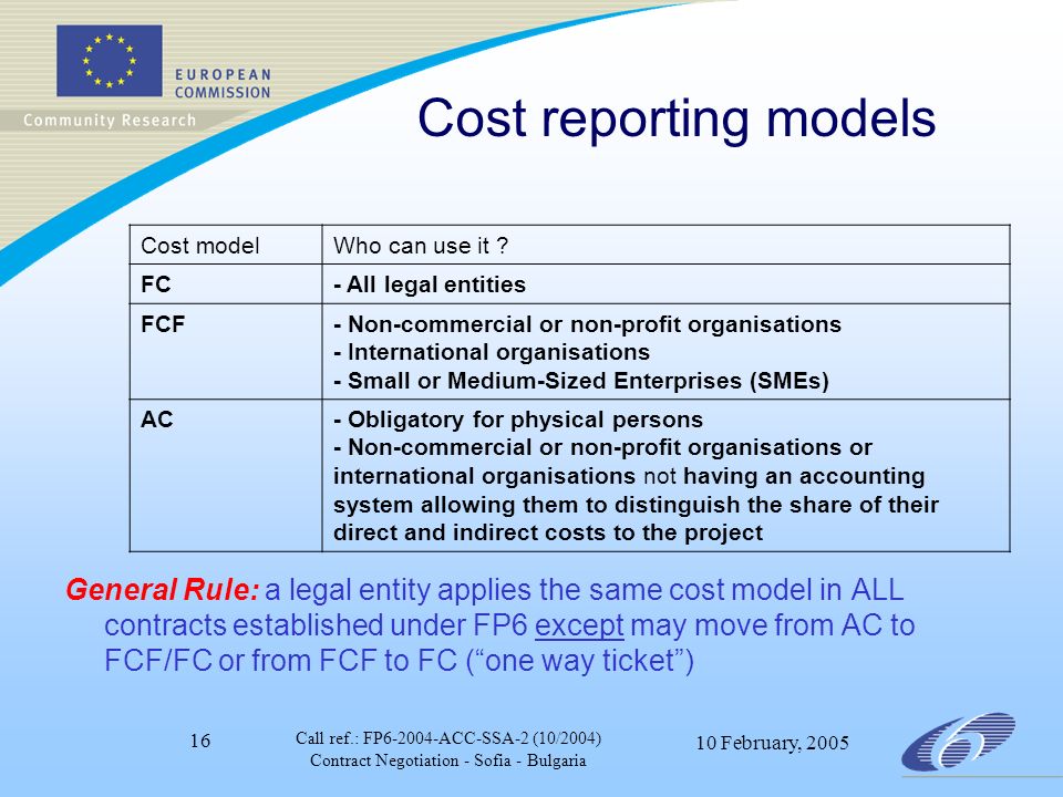 Call ref.: FP ACC-SSA-2 (10/2004) Contract Negotiation - Sofia - Bulgaria 10 February, Cost reporting models General Rule: a legal entity applies the same cost model in ALL contracts established under FP6 except may move from AC to FCF/FC or from FCF to FC ( one way ticket ) Cost modelWho can use it .