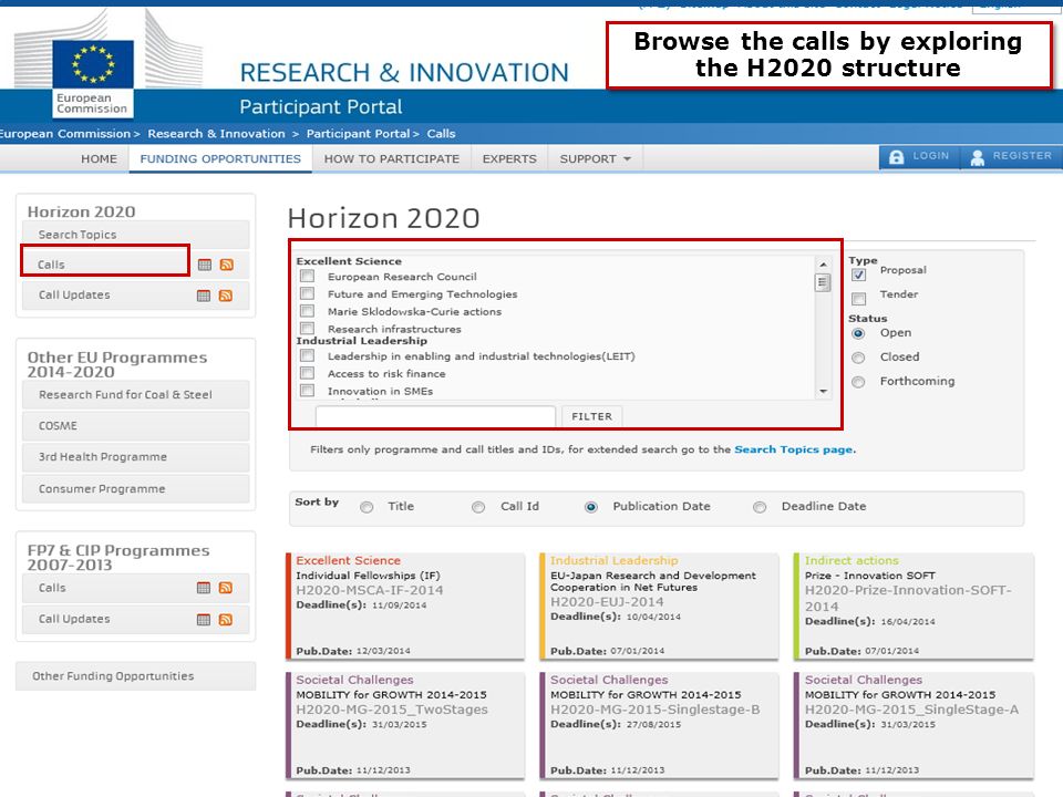 12 Browse the calls by exploring the H2020 structure