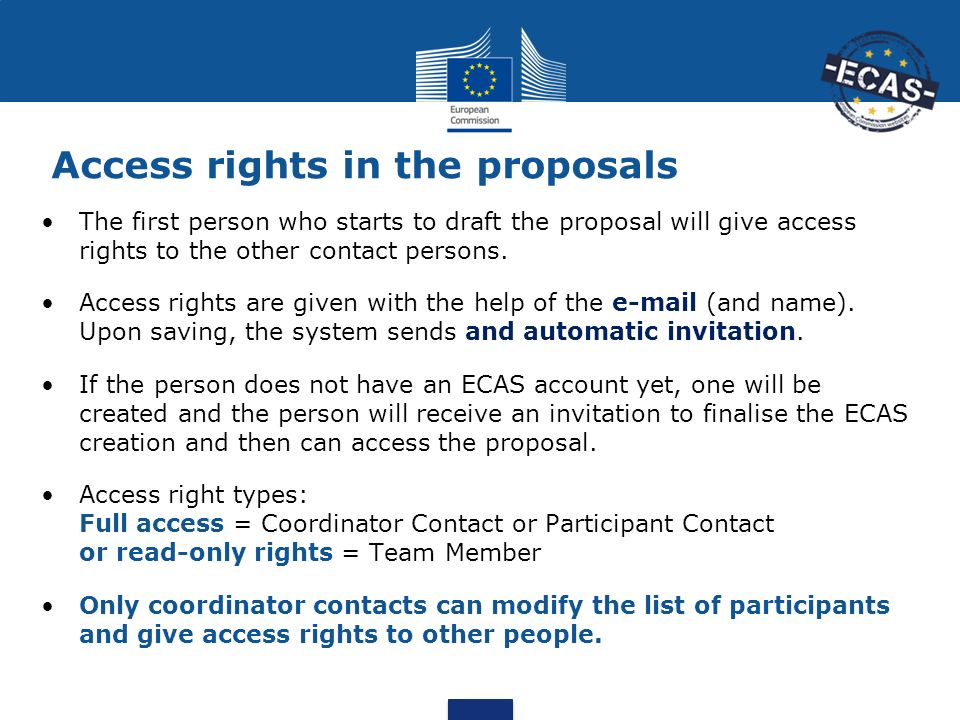 The first person who starts to draft the proposal will give access rights to the other contact persons.