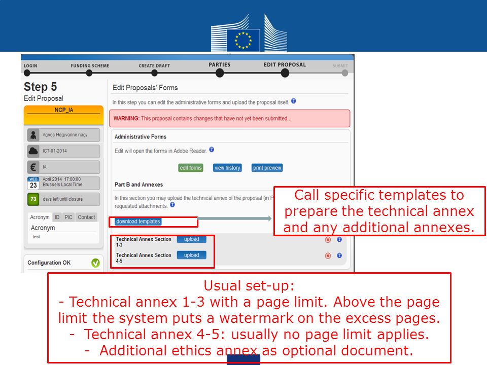 Call specific templates to prepare the technical annex and any additional annexes.