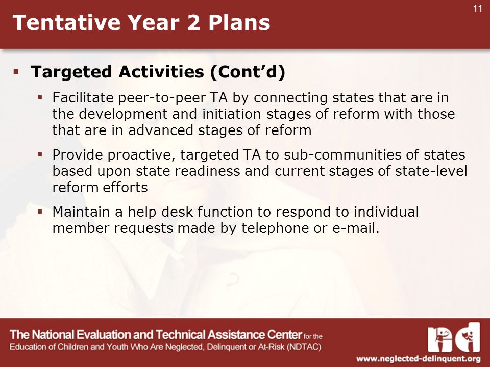 11 Tentative Year 2 Plans  Targeted Activities (Cont’d)  Facilitate peer-to-peer TA by connecting states that are in the development and initiation stages of reform with those that are in advanced stages of reform  Provide proactive, targeted TA to sub-communities of states based upon state readiness and current stages of state-level reform efforts  Maintain a help desk function to respond to individual member requests made by telephone or  .