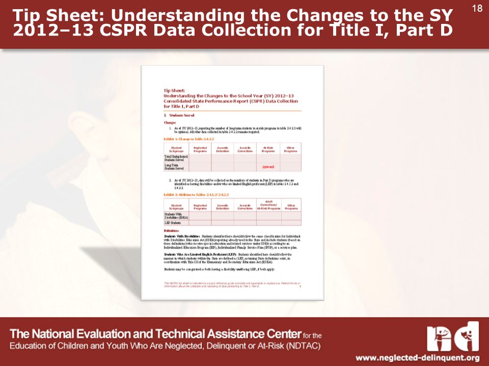18 Tip Sheet: Understanding the Changes to the SY 2012–13 CSPR Data Collection for Title I, Part D