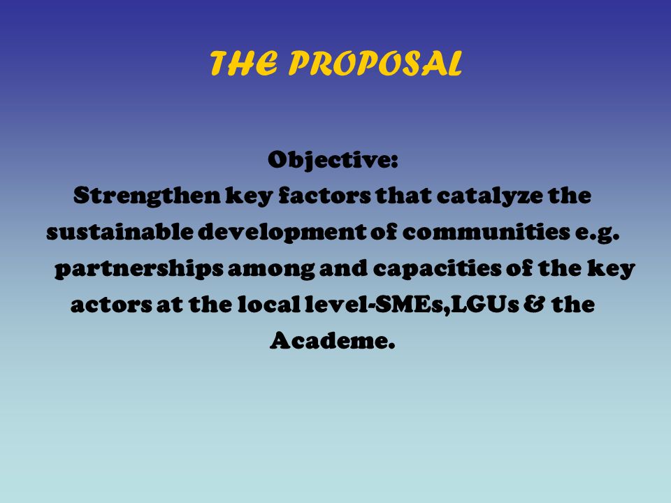 THE PROPOSAL Objective: Strengthen key factors that catalyze the sustainable development of communities e.g.