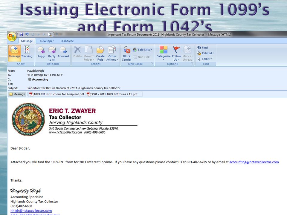  Form 1099 in PDF  Recipient’s Identification Number was secured  Print to see number   s sent manually  Optional programs available for purchase  We opted to do it in house
