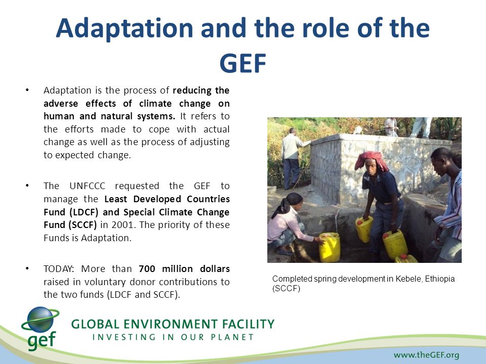Adaptation and the role of the GEF Adaptation is the process of reducing the adverse effects of climate change on human and natural systems.