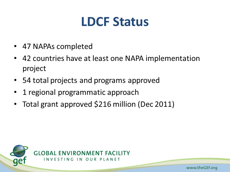 LDCF Status 47 NAPAs completed 42 countries have at least one NAPA implementation project 54 total projects and programs approved 1 regional programmatic approach Total grant approved $216 million (Dec 2011)