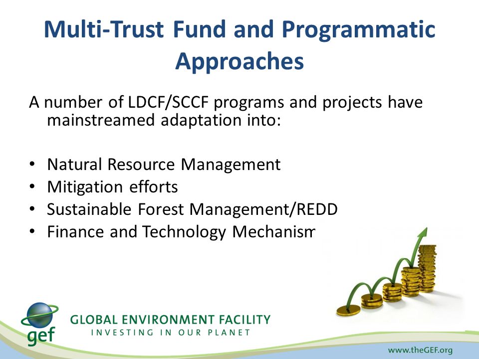 Multi-Trust Fund and Programmatic Approaches A number of LDCF/SCCF programs and projects have mainstreamed adaptation into: Natural Resource Management Mitigation efforts Sustainable Forest Management/REDD Finance and Technology Mechanisms