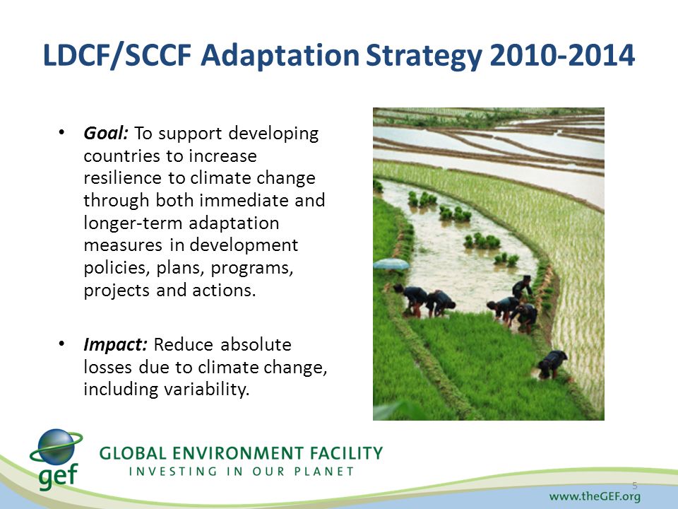 LDCF/SCCF Adaptation Strategy Goal: To support developing countries to increase resilience to climate change through both immediate and longer-term adaptation measures in development policies, plans, programs, projects and actions.