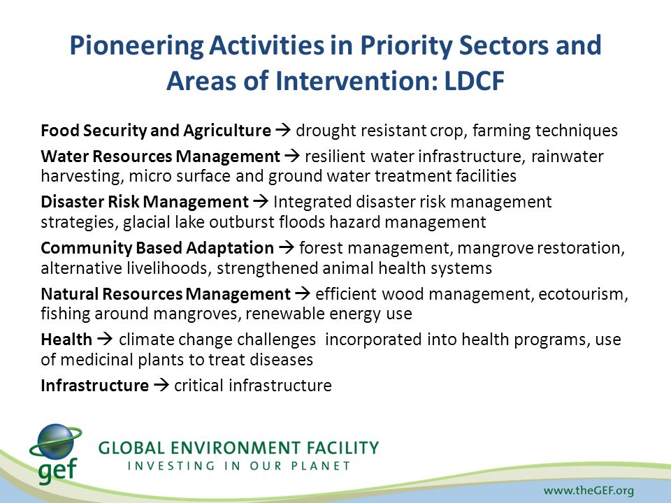 Pioneering Activities in Priority Sectors and Areas of Intervention: LDCF Food Security and Agriculture  drought resistant crop, farming techniques Water Resources Management  resilient water infrastructure, rainwater harvesting, micro surface and ground water treatment facilities Disaster Risk Management  Integrated disaster risk management strategies, glacial lake outburst floods hazard management Community Based Adaptation  forest management, mangrove restoration, alternative livelihoods, strengthened animal health systems Natural Resources Management  efficient wood management, ecotourism, fishing around mangroves, renewable energy use Health  climate change challenges incorporated into health programs, use of medicinal plants to treat diseases Infrastructure  critical infrastructure