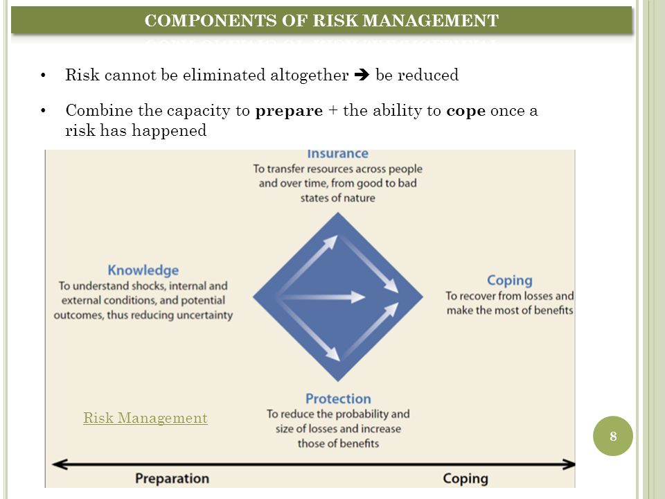 8 Risk Management Risk cannot be eliminated altogether  be reduced Combine the capacity to prepare + the ability to cope once a risk has happened