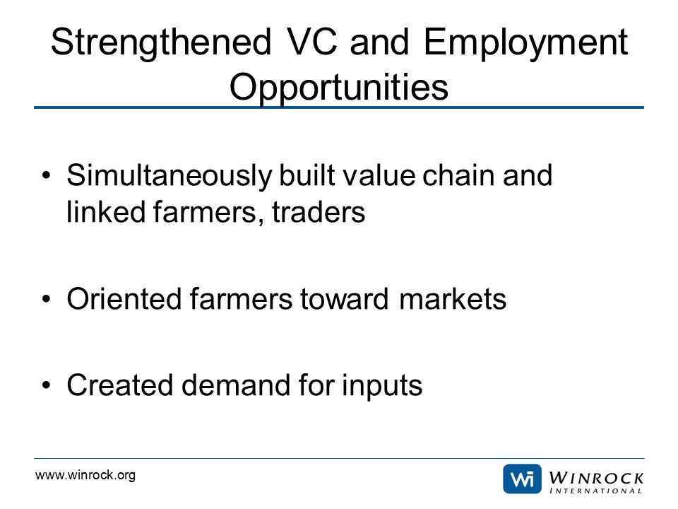 Strengthened VC and Employment Opportunities Simultaneously built value chain and linked farmers, traders Oriented farmers toward markets Created demand for inputs