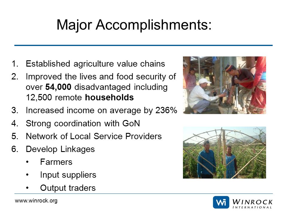 1.Established agriculture value chains 2.Improved the lives and food security of over 54,000 disadvantaged including 12,500 remote households 3.Increased income on average by 236% 4.Strong coordination with GoN 5.Network of Local Service Providers 6.Develop Linkages Farmers Input suppliers Output traders Major Accomplishments: