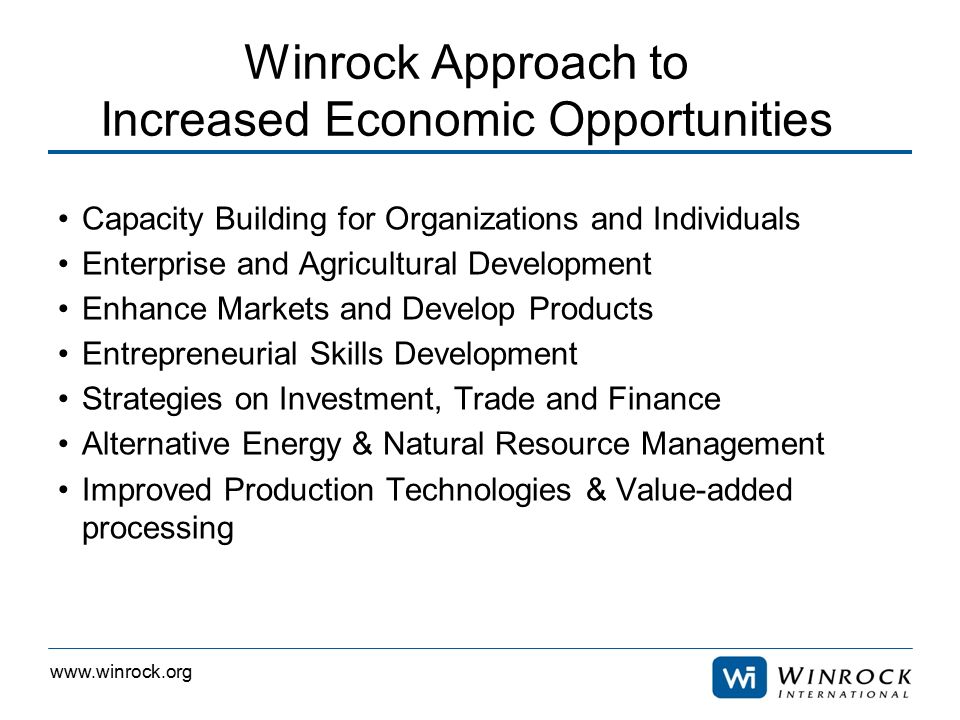Winrock Approach to Increased Economic Opportunities Capacity Building for Organizations and Individuals Enterprise and Agricultural Development Enhance Markets and Develop Products Entrepreneurial Skills Development Strategies on Investment, Trade and Finance Alternative Energy & Natural Resource Management Improved Production Technologies & Value-added processing