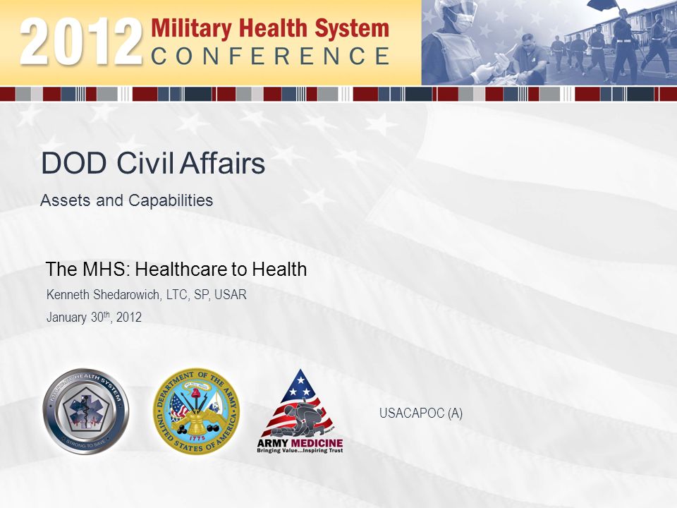 Assets and Capabilities DOD Civil Affairs January 30 th, 2012 Kenneth Shedarowich, LTC, SP, USAR The MHS: Healthcare to Health USACAPOC (A)