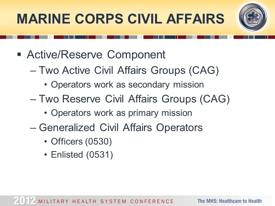 MARINE CORPS CIVIL AFFAIRS  Active/Reserve Component –Two Active Civil Affairs Groups (CAG) Operators work as secondary mission –Two Reserve Civil Affairs Groups (CAG) Operators work as primary mission –Generalized Civil Affairs Operators Officers (0530) Enlisted (0531)