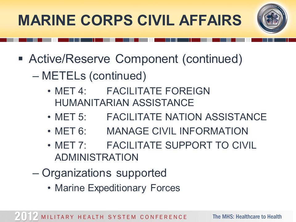 MARINE CORPS CIVIL AFFAIRS  Active/Reserve Component (continued) –METELs (continued) MET 4: FACILITATE FOREIGN HUMANITARIAN ASSISTANCE MET 5: FACILITATE NATION ASSISTANCE MET 6: MANAGE CIVIL INFORMATION MET 7: FACILITATE SUPPORT TO CIVIL ADMINISTRATION –Organizations supported Marine Expeditionary Forces