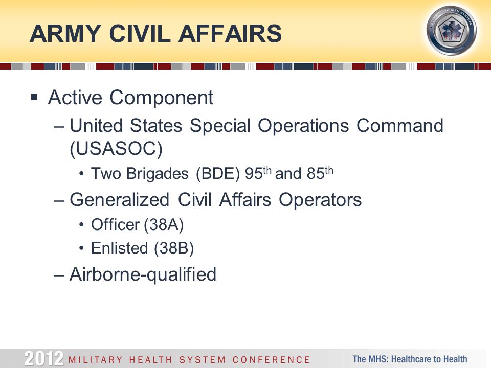 ARMY CIVIL AFFAIRS  Active Component –United States Special Operations Command (USASOC) Two Brigades (BDE) 95 th and 85 th –Generalized Civil Affairs Operators Officer (38A) Enlisted (38B) –Airborne-qualified