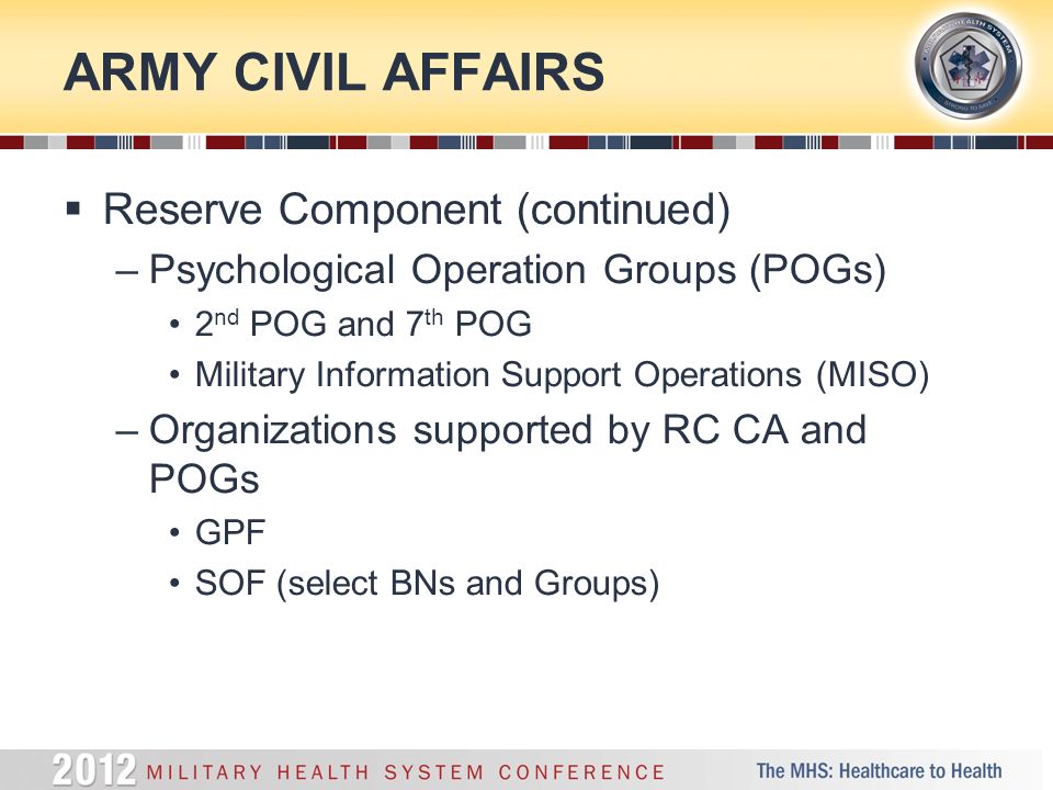 ARMY CIVIL AFFAIRS  Reserve Component (continued) –Psychological Operation Groups (POGs) 2 nd POG and 7 th POG Military Information Support Operations (MISO) –Organizations supported by RC CA and POGs GPF SOF (select BNs and Groups)