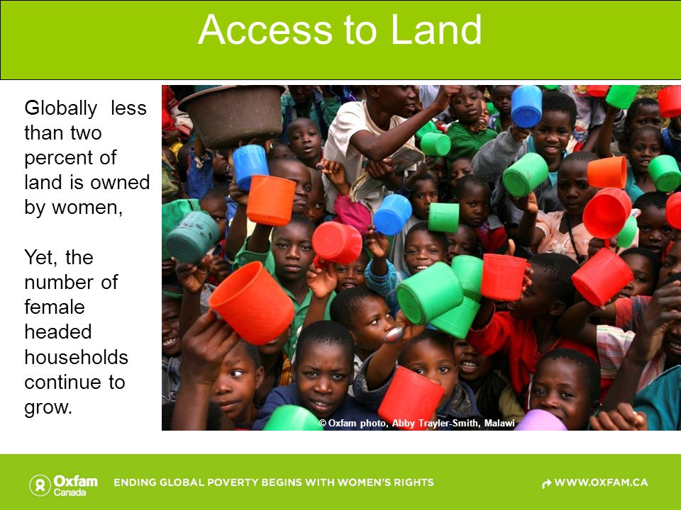 Access to Land Globally less than two percent of land is owned by women, Yet, the number of female headed households continue to grow.