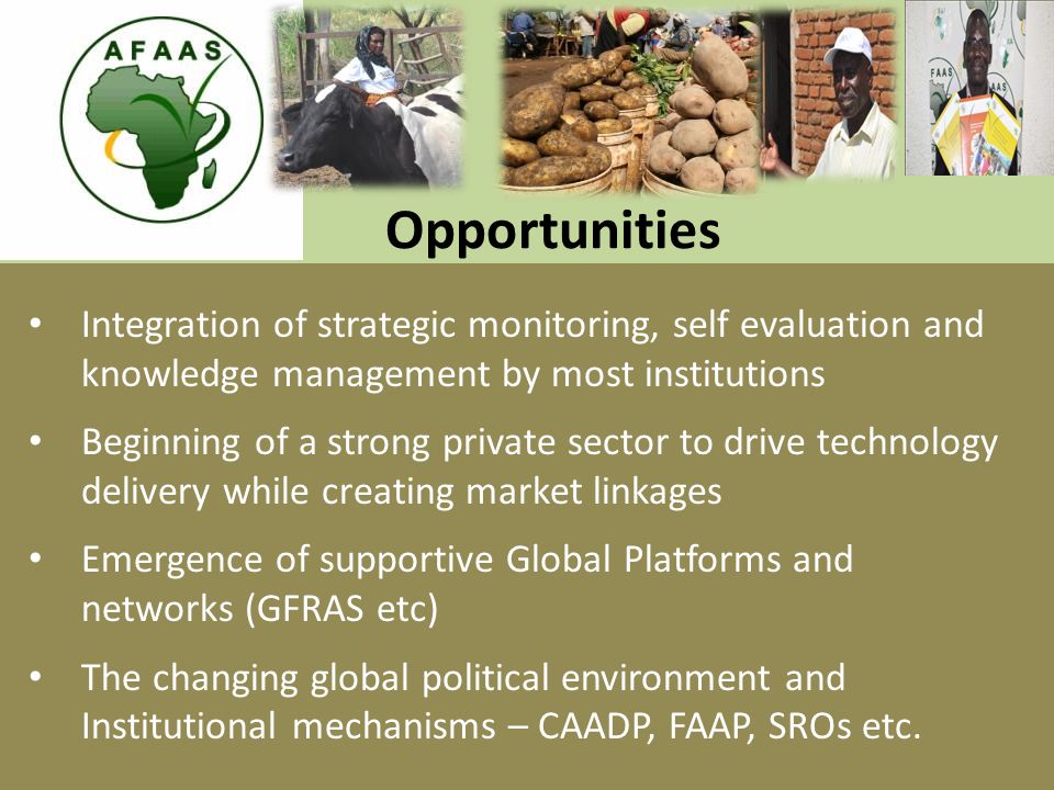 Opportunities Integration of strategic monitoring, self evaluation and knowledge management by most institutions Beginning of a strong private sector to drive technology delivery while creating market linkages Emergence of supportive Global Platforms and networks (GFRAS etc) The changing global political environment and Institutional mechanisms – CAADP, FAAP, SROs etc.
