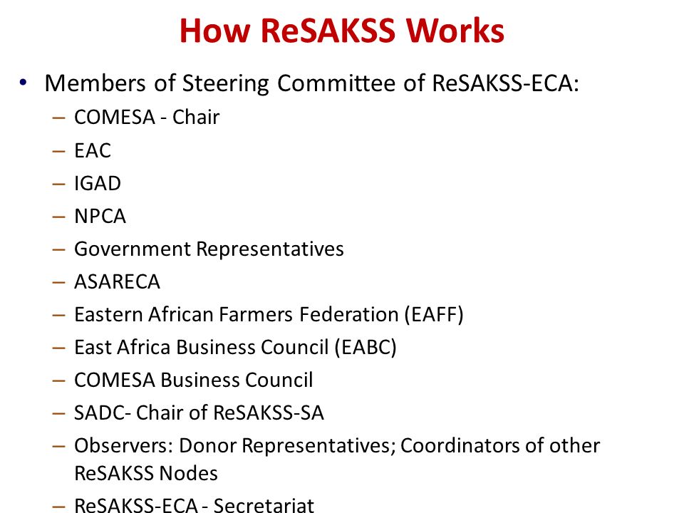 How ReSAKSS Works Members of Steering Committee of ReSAKSS-ECA: – COMESA - Chair – EAC – IGAD – NPCA – Government Representatives – ASARECA – Eastern African Farmers Federation (EAFF) – East Africa Business Council (EABC) – COMESA Business Council – SADC- Chair of ReSAKSS-SA – Observers: Donor Representatives; Coordinators of other ReSAKSS Nodes – ReSAKSS-ECA - Secretariat