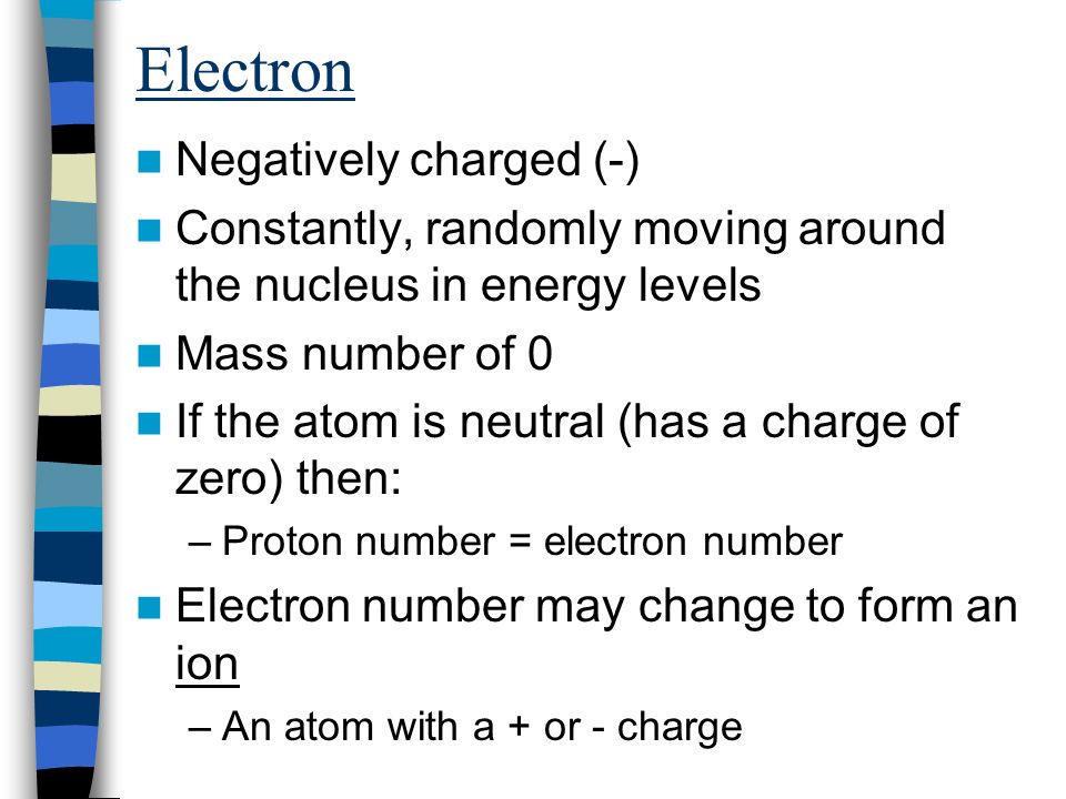 Electron Negatively charged (-) Constantly, randomly moving around the nucleus in energy levels Mass number of 0 If the atom is neutral (has a charge of zero) then: –Proton number = electron number Electron number may change to form an ion –An atom with a + or - charge