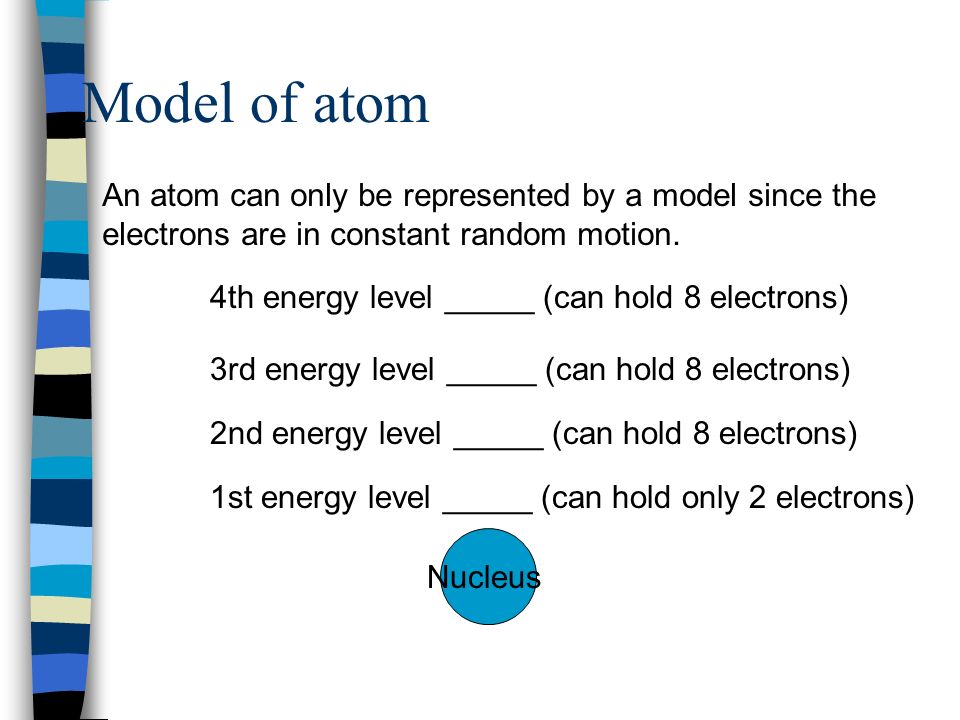 Model of atom Nucleus 2nd energy level _____ (can hold 8 electrons) 4th energy level _____ (can hold 8 electrons) 3rd energy level _____ (can hold 8 electrons) 1st energy level _____ (can hold only 2 electrons) An atom can only be represented by a model since the electrons are in constant random motion.