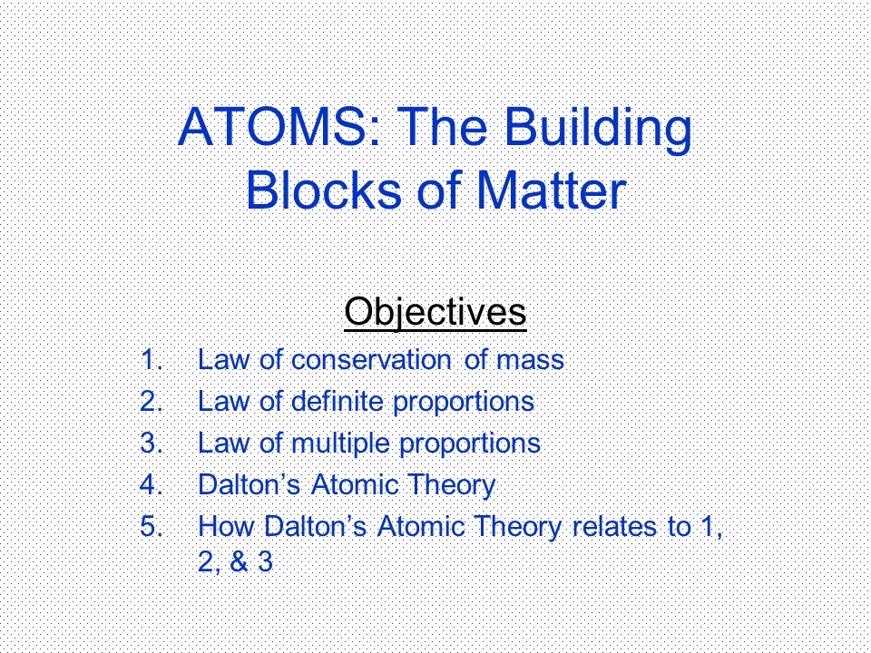 ATOMS: The Building Blocks of Matter Objectives 1.Law of conservation of mass 2.Law of definite proportions 3.Law of multiple proportions 4.Dalton’s Atomic Theory 5.How Dalton’s Atomic Theory relates to 1, 2, & 3