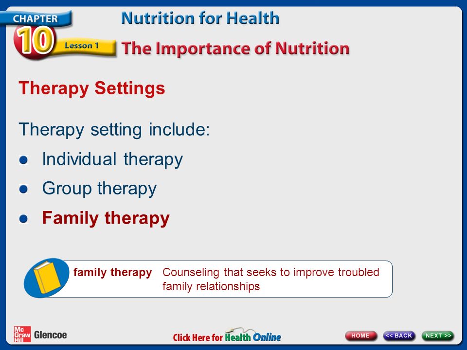 Therapy Settings Therapy setting include: Individual therapy Group therapy Family therapy family therapy Counseling that seeks to improve troubled family relationships