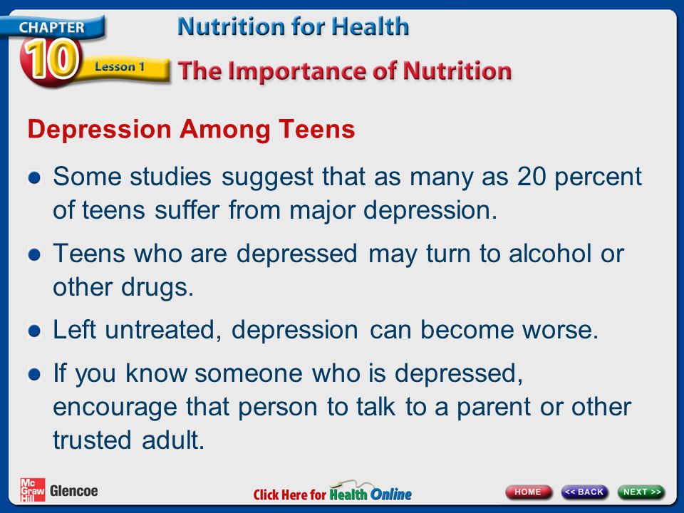 Depression Among Teens Some studies suggest that as many as 20 percent of teens suffer from major depression.