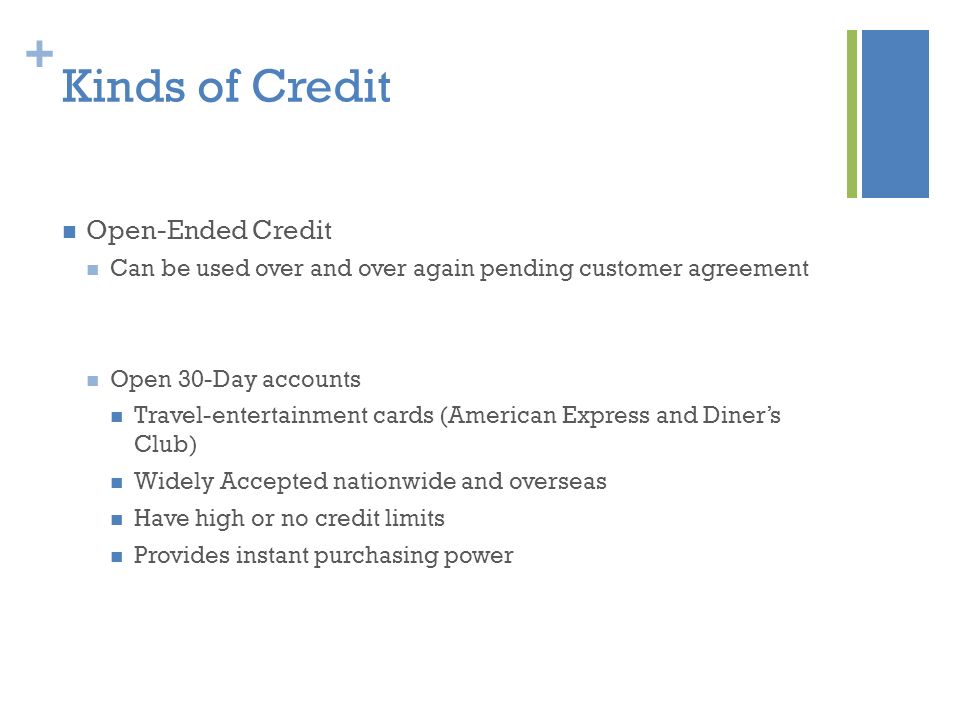 + Kinds of Credit Open-Ended Credit Can be used over and over again pending customer agreement Open 30-Day accounts Travel-entertainment cards (American Express and Diner’s Club) Widely Accepted nationwide and overseas Have high or no credit limits Provides instant purchasing power