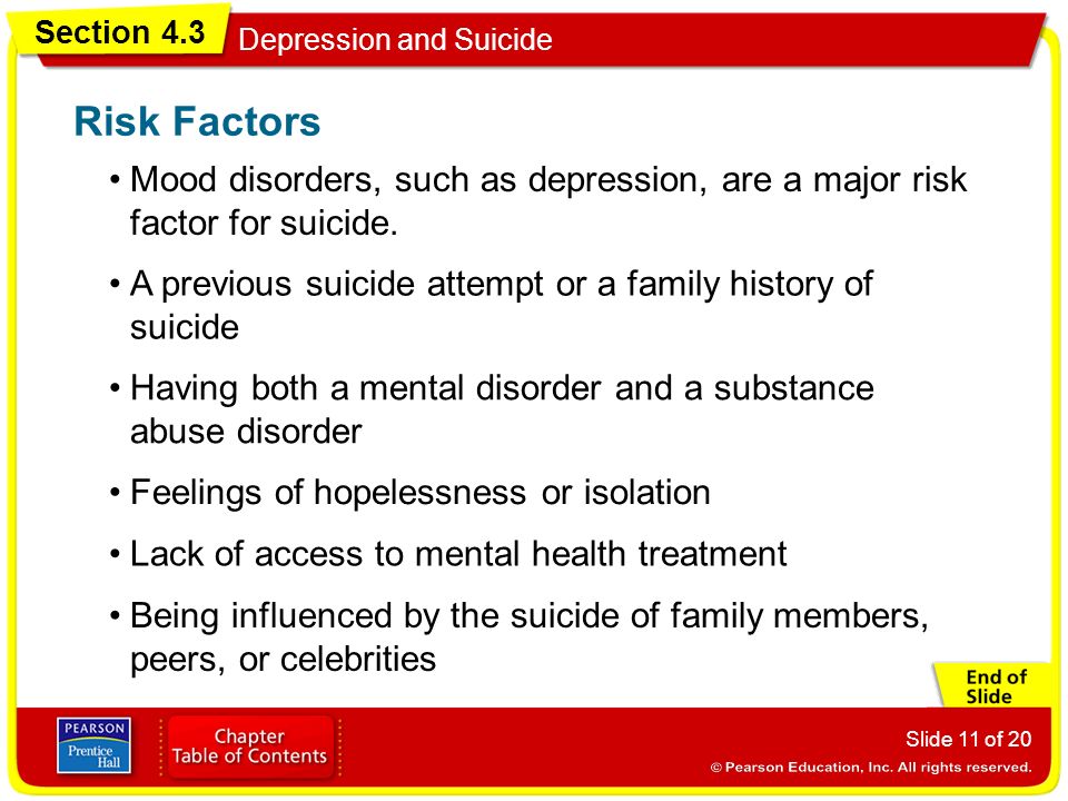 Section 4.3 Depression and Suicide Slide 11 of 20 Mood disorders, such as depression, are a major risk factor for suicide.