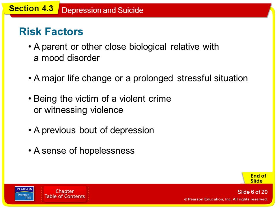 Section 4.3 Depression and Suicide Slide 6 of 20 A parent or other close biological relative with a mood disorder Risk Factors A major life change or a prolonged stressful situation Being the victim of a violent crime or witnessing violence A previous bout of depression A sense of hopelessness
