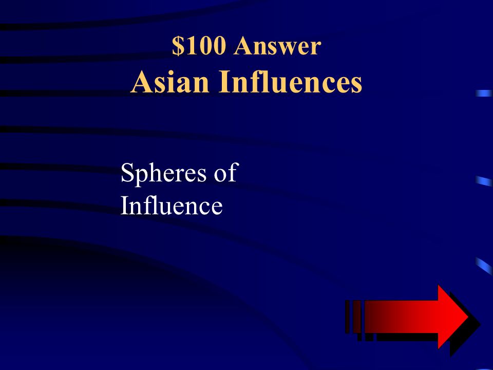 $100 Question Asian Influences These are areas where foreign nations claim special rights and economic privileges