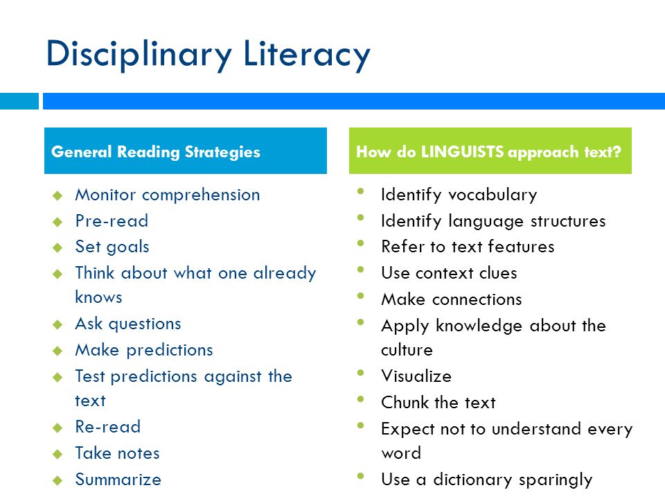 Disciplinary Literacy  Monitor comprehension  Pre-read  Set goals  Think about what one already knows  Ask questions  Make predictions  Test predictions against the text  Re-read  Take notes  Summarize Identify vocabulary Identify language structures Refer to text features Use context clues Make connections Apply knowledge about the culture Visualize Chunk the text Expect not to understand every word Use a dictionary sparingly General Reading StrategiesHow do LINGUISTS approach text