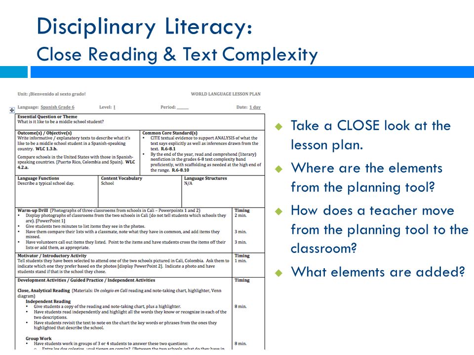  Take a CLOSE look at the lesson plan.  Where are the elements from the planning tool.
