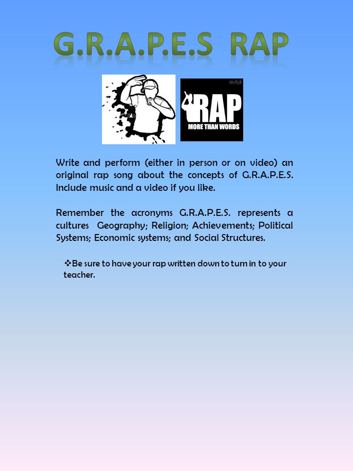 Write and perform (either in person or on video) an original rap song about the concepts of G.R.A.P.E.S.