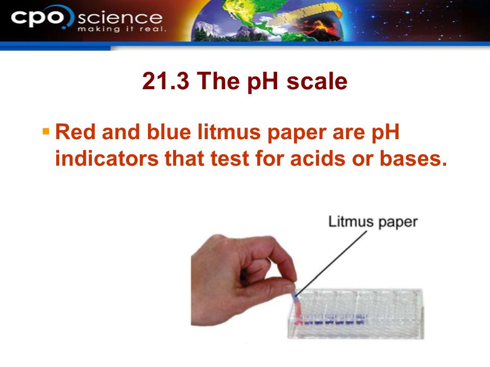 21.3 The pH scale  Red and blue litmus paper are pH indicators that test for acids or bases.