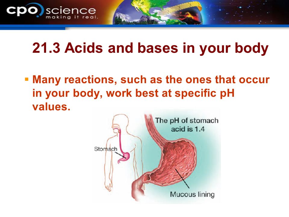 21.3 Acids and bases in your body  Many reactions, such as the ones that occur in your body, work best at specific pH values.