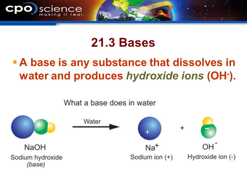 21.3 Bases  A base is any substance that dissolves in water and produces hydroxide ions (OH - ).