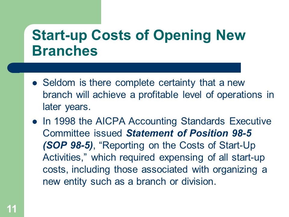 11 Start-up Costs of Opening New Branches Seldom is there complete certainty that a new branch will achieve a profitable level of operations in later years.