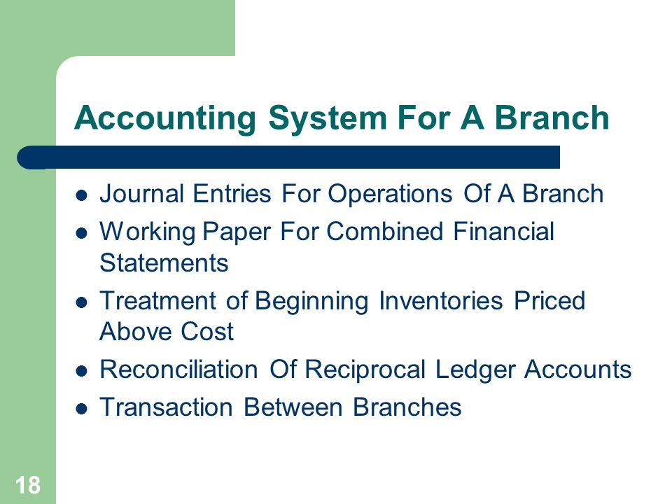 18 Accounting System For A Branch Journal Entries For Operations Of A Branch Working Paper For Combined Financial Statements Treatment of Beginning Inventories Priced Above Cost Reconciliation Of Reciprocal Ledger Accounts Transaction Between Branches