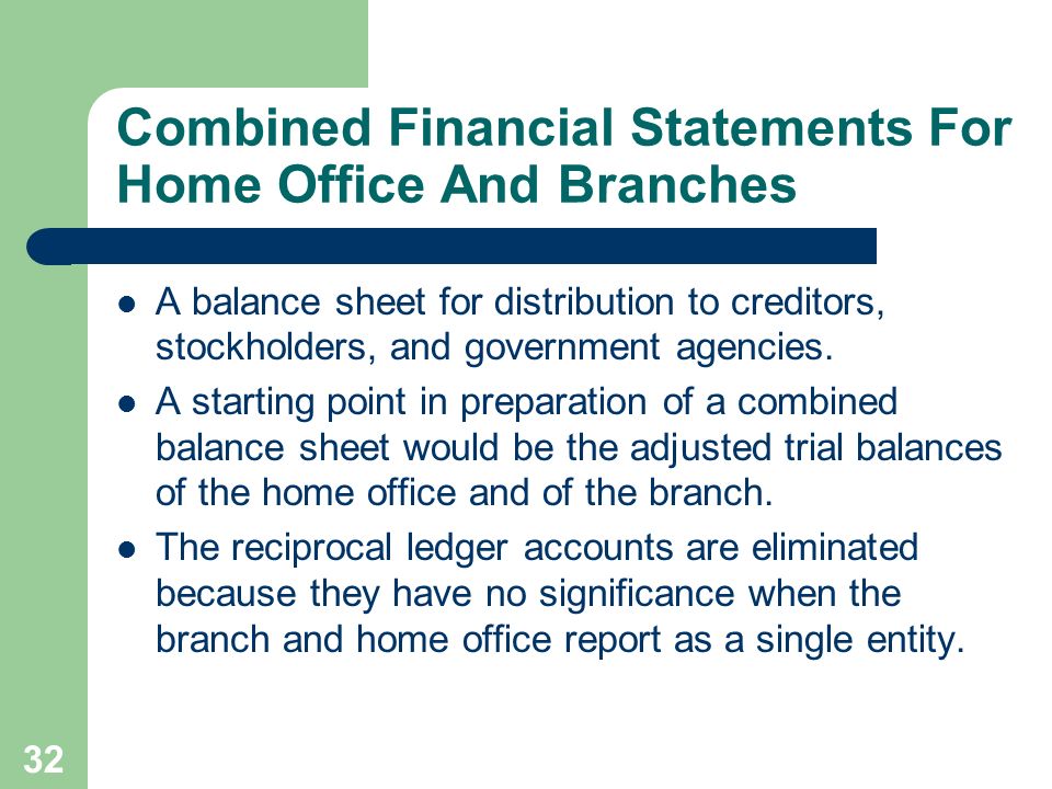 32 Combined Financial Statements For Home Office And Branches A balance sheet for distribution to creditors, stockholders, and government agencies.