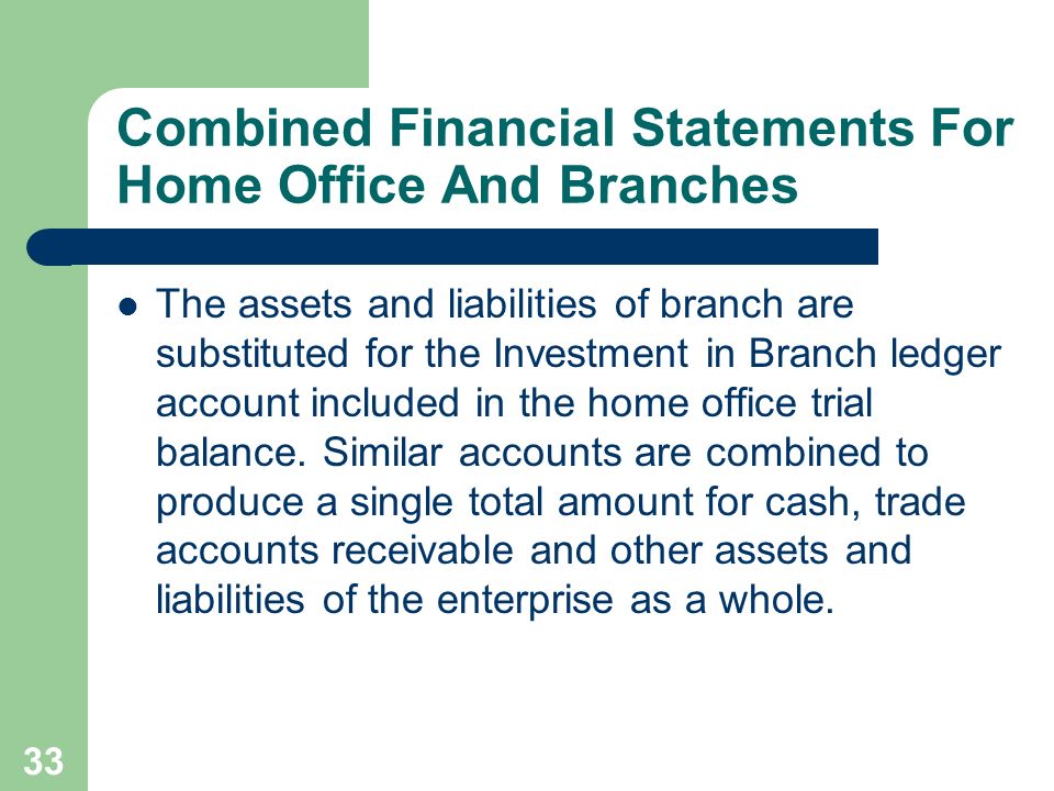 33 Combined Financial Statements For Home Office And Branches The assets and liabilities of branch are substituted for the Investment in Branch ledger account included in the home office trial balance.