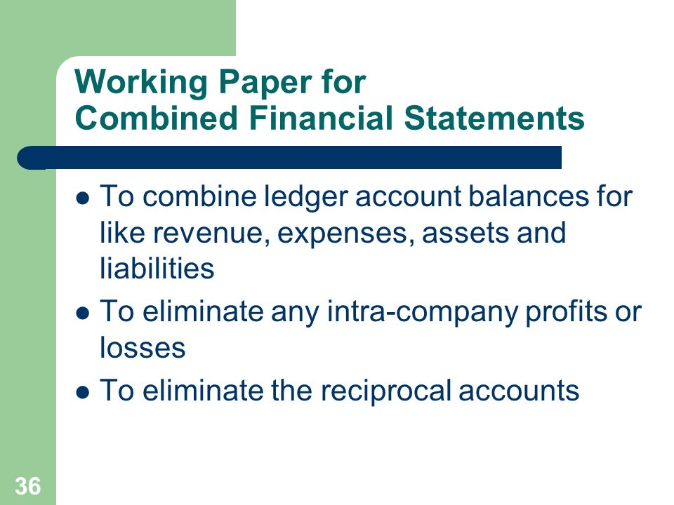36 Working Paper for Combined Financial Statements To combine ledger account balances for like revenue, expenses, assets and liabilities To eliminate any intra-company profits or losses To eliminate the reciprocal accounts