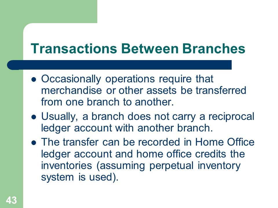 43 Transactions Between Branches Occasionally operations require that merchandise or other assets be transferred from one branch to another.