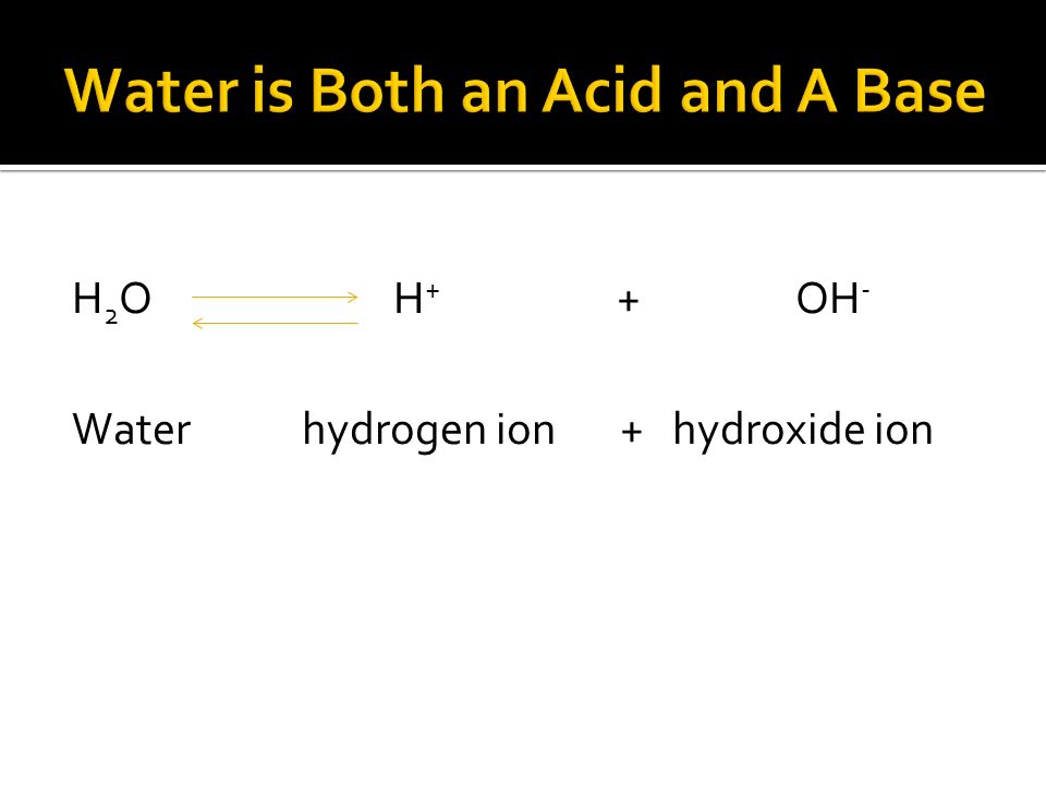 H 2 O H + + OH - Water hydrogen ion + hydroxide ion